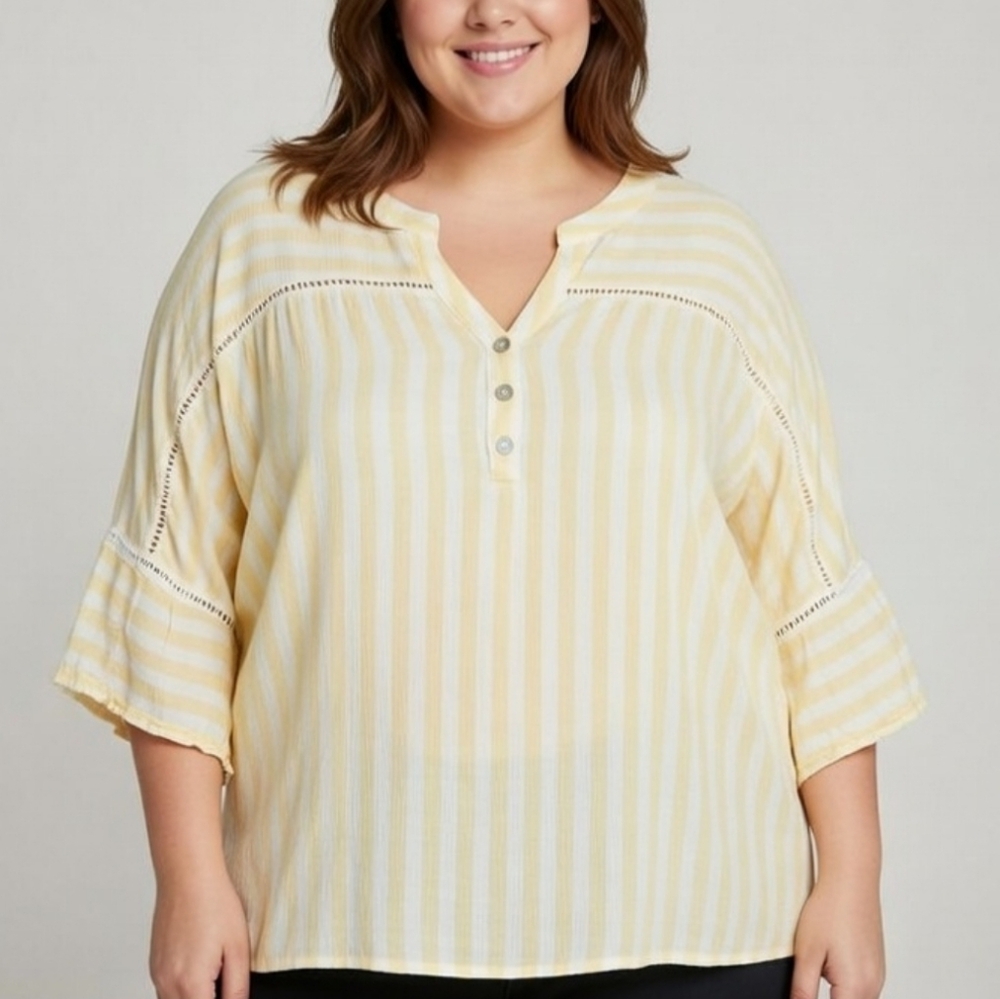 Adrienne Vittadini Yellow White Striped Henley Blouse Boho Top Split Neck Size2X
